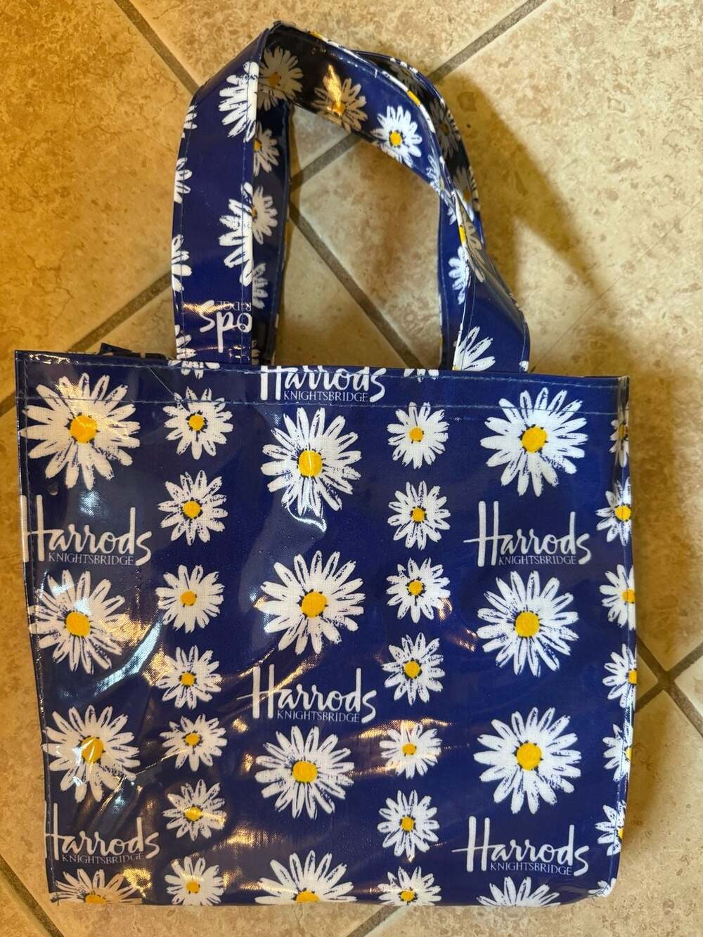 Harrods Knightsbridge Daisy Print PVC Shopper Tote Bag - Navy Blue
